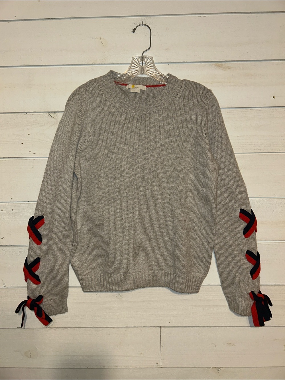 Biden Women's Gray Crewneck Sweater with Ribbon Detail